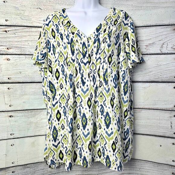 Rose + Olive Green Blue Ikat Print Blouse 1X - Picture 1 of 8
